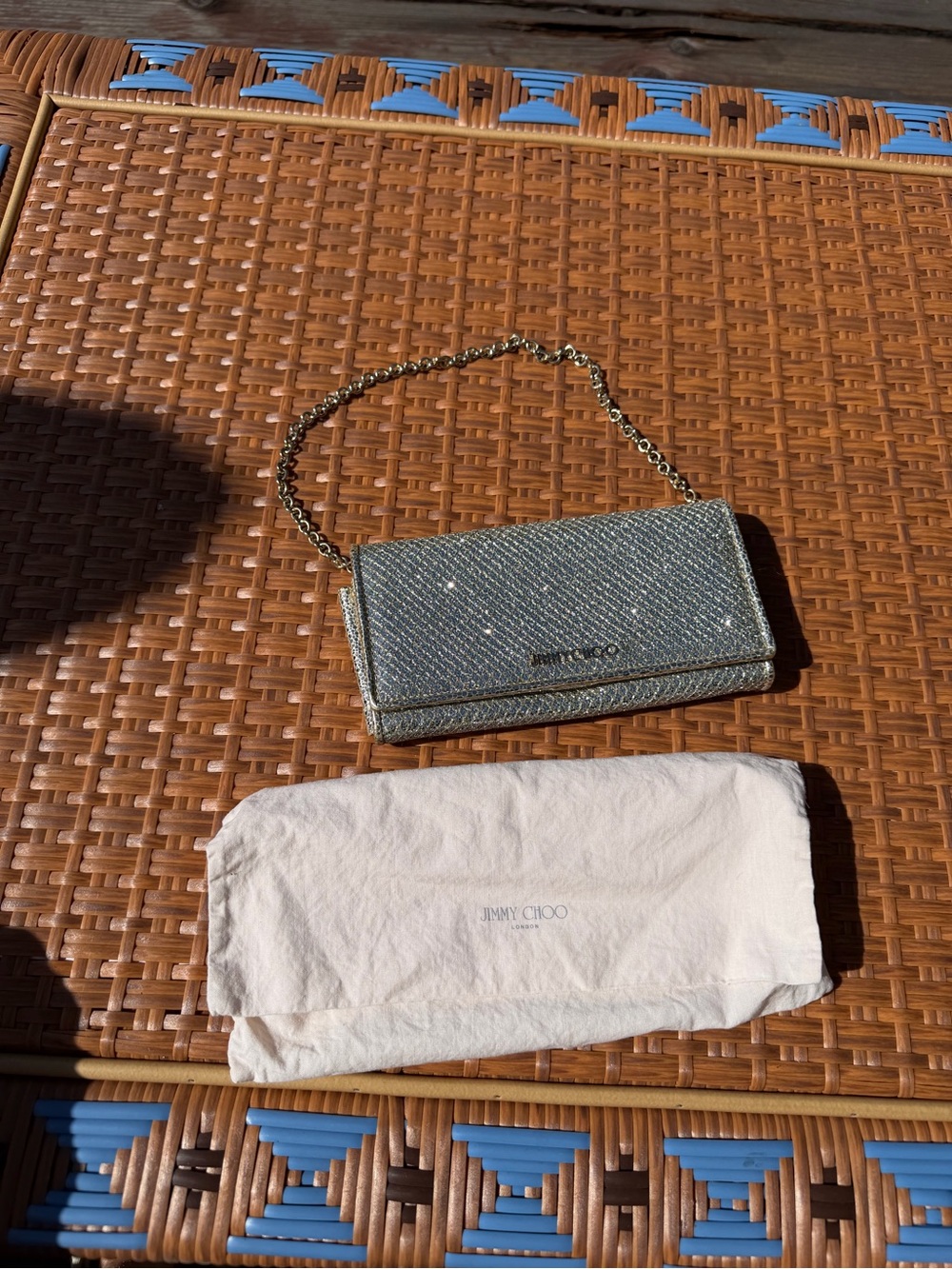 Jimmy Choo metallic glitter Snakeskin Embossed Chain Clutch